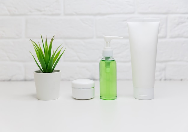 Different cosmetic products for skincare Cosmetic containers with aloe