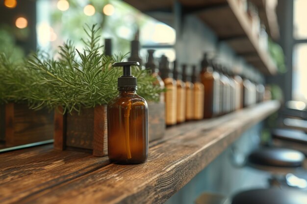 Different cosmetics bottles in barbershop