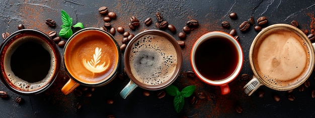 Фото Различные чашки кофе сверху избирательный фокус