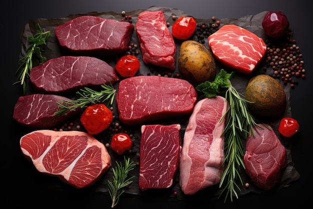 different cut steaks on a black background