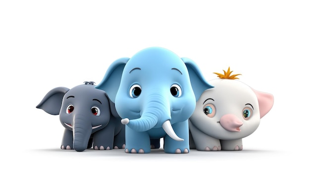 다양한 귀여운 코끼리 코 ⁇ 소 3D 만화 동물들이  ⁇  배경에 고립되어 있습니다.