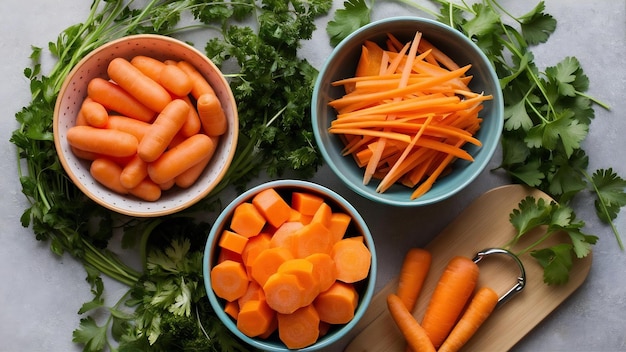 Photo different cuts of carrot in bowls