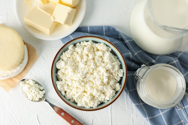 Different dairy products on white background