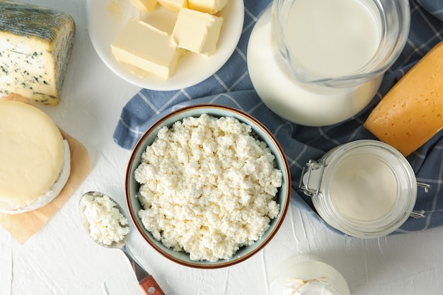 Different dairy products on white background