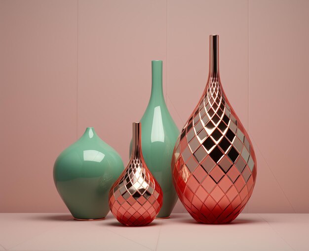 Different decorative vases on shelf on light background