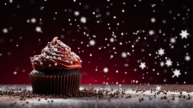 Different delicious Christmas cupcakes on holiday background