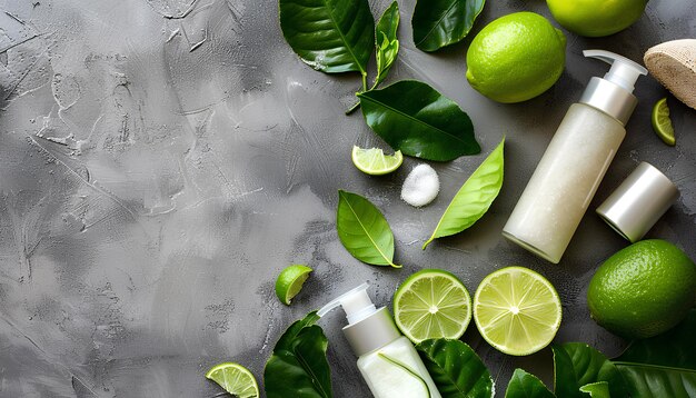 Different deodorants leaves and lime on grunge background