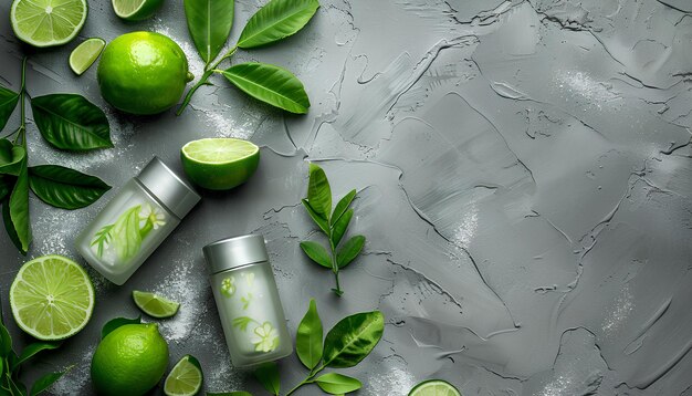 Different deodorants leaves and lime on grunge background