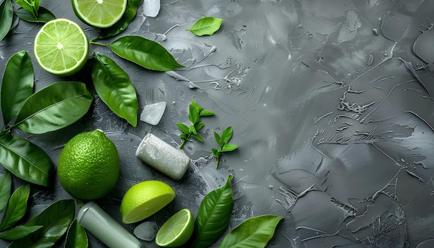 Photo different deodorants leaves and lime on grunge background