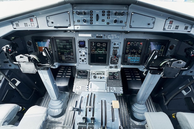 Photo different displays close up focused view of airplane cockpit