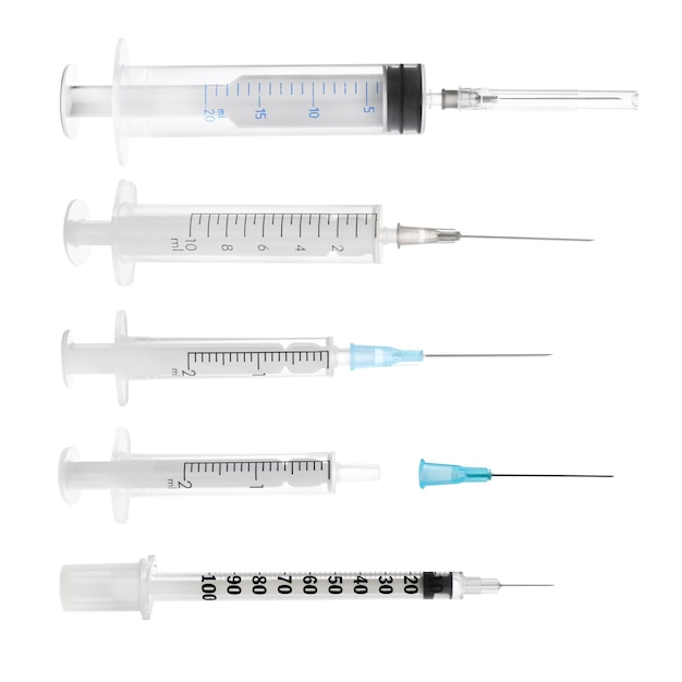 Photo different disposable syringes on white background collage medical equipment