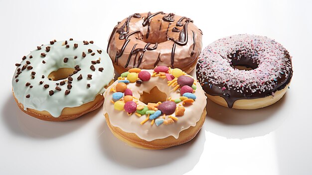 different donuts on white background