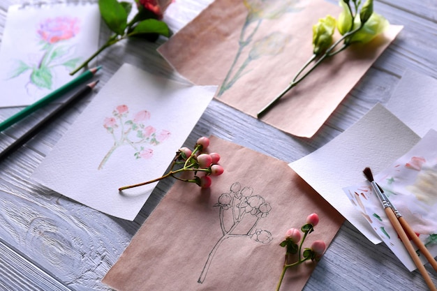 Different drawings of flowers on wooden background