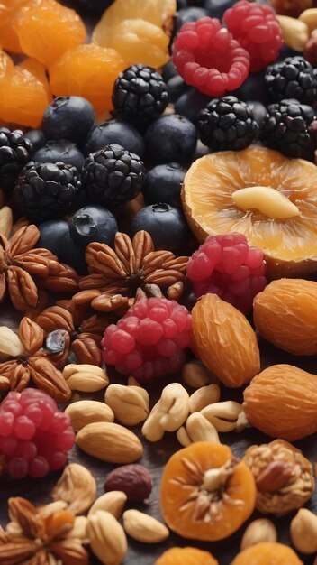 Фото Различные сушеные фрукты с орехами и бусинками