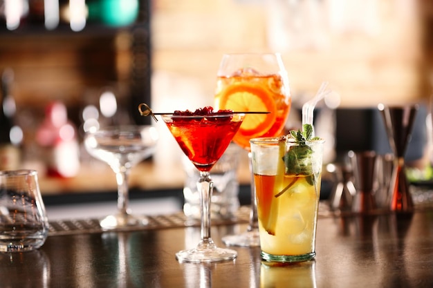 Different drinks on bar counter