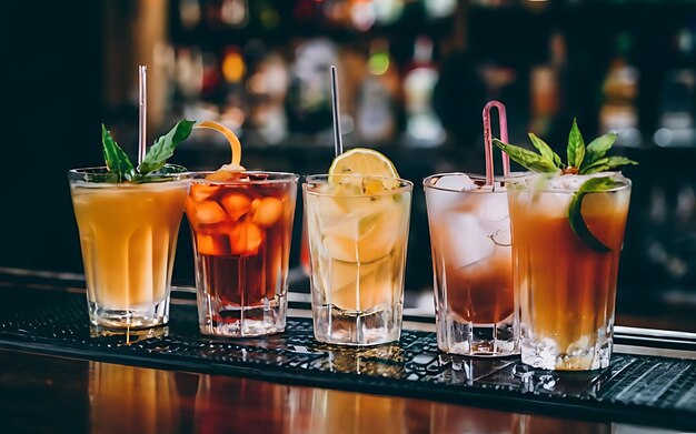 Different drinks on bar counter