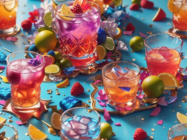 Photo different drinks in ice cube in glass on table