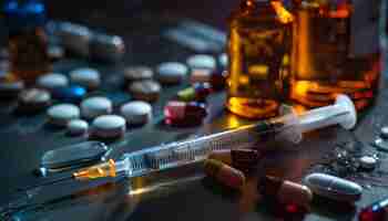 Photo different drugs and syringe on dark background closeup