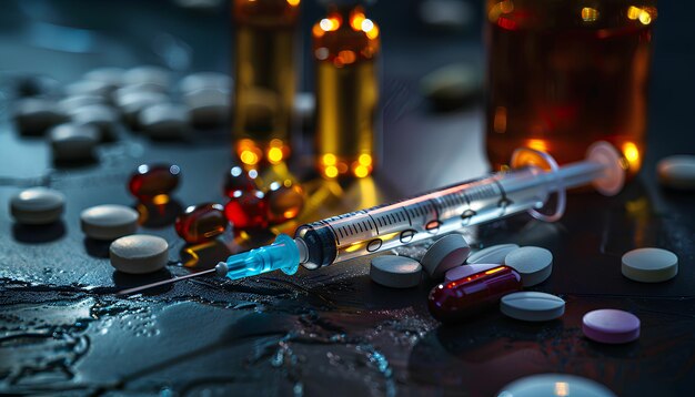 Photo different drugs and syringe on dark background closeup