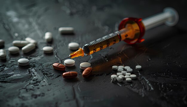 Photo different drugs and syringe on dark background closeup