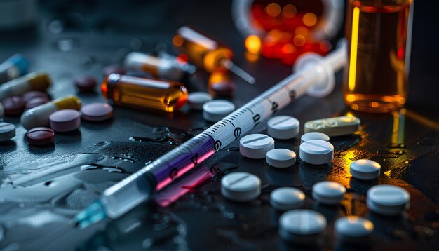 Photo different drugs and syringe on dark background closeup