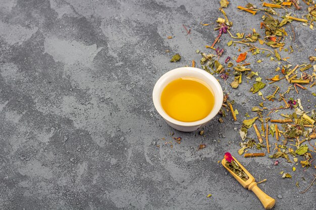 different dry tea leaves and cup of green tea