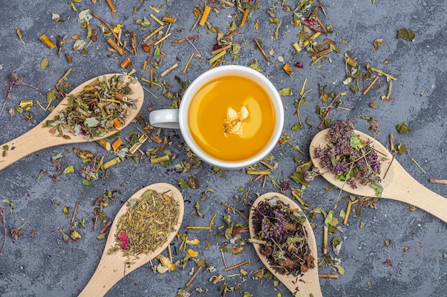 Фото Разные сухие чаи в линейке деревянных ложек и чайные чашки