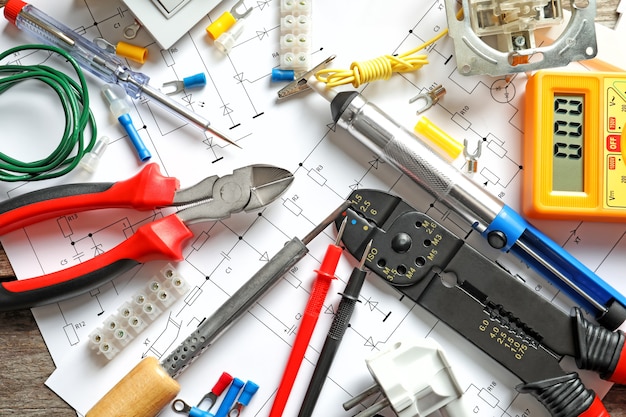 Different electrical tools on circuit diagram