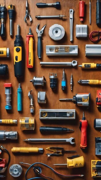 Different electrical tools on wooden background flat lay