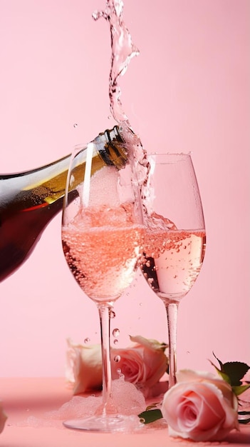 Foto diversi eleganti bicchieri di champagne con vino frizzante donne mano sta versando vino rosa dalla bottiglia