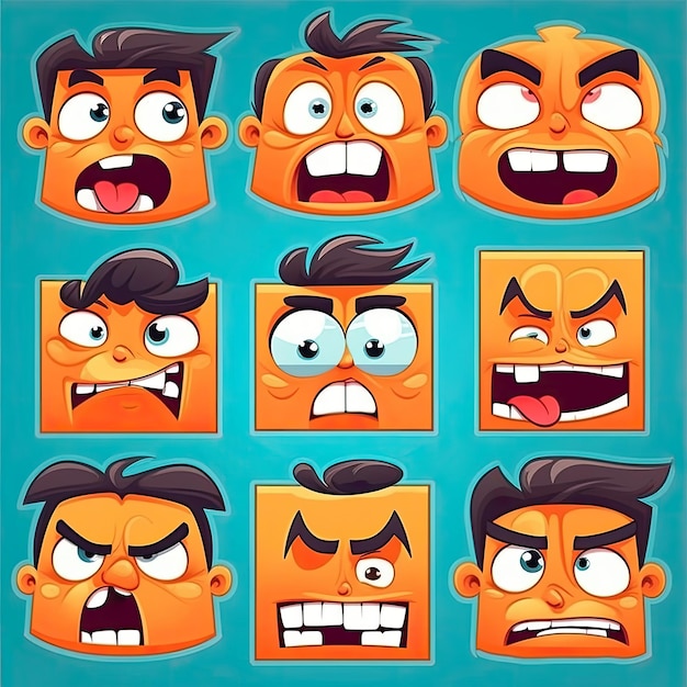 Photo different expressions of cartoon face vector illustrations set cute funny angry happy smiling comic