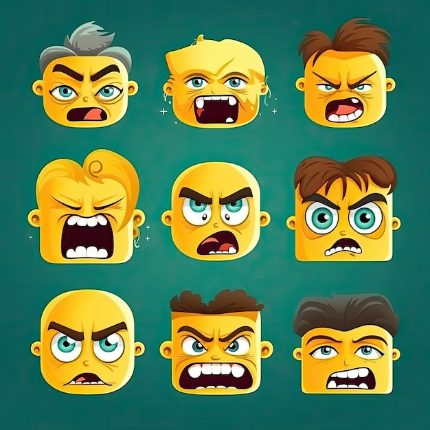 Photo different expressions of cartoon face vector illustrations set cute funny angry happy smiling comic