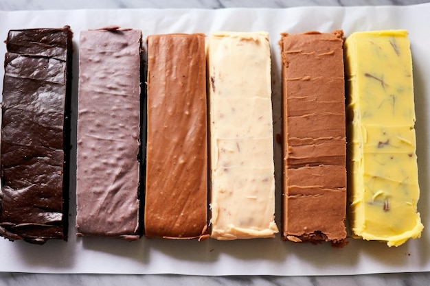 Different flavored brownies separated by parchment paper