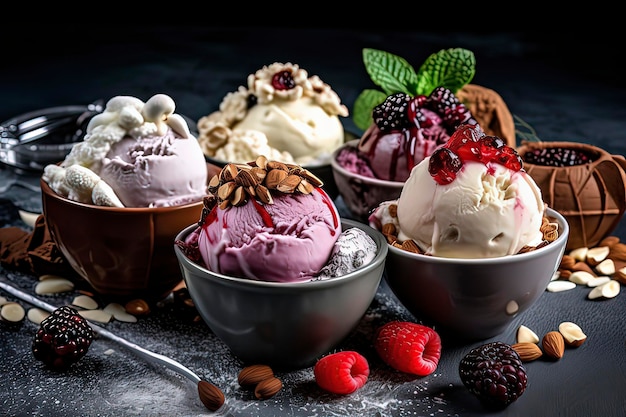 Different flavors of ice cream and ice creamAI technology generated image