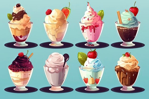 Different flavors of ice cream and ice creamAI technology generated image