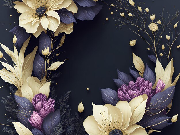 Different flowers on dark backkground Tenplate for greeting card AI