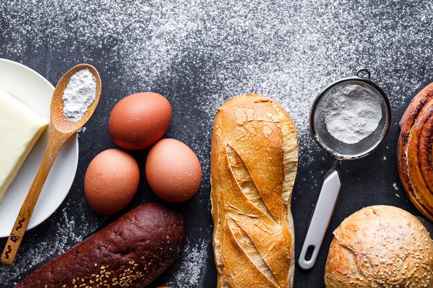 Different fresh, crisp bakery products and baking ingredients