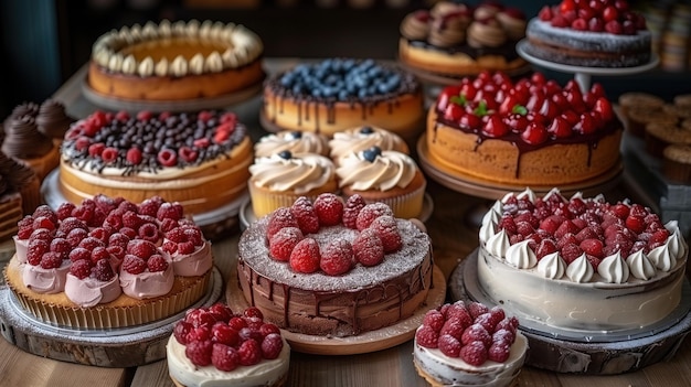 different fruit cakes on a wooden table