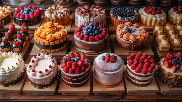 different fruit pies on a bakery counter