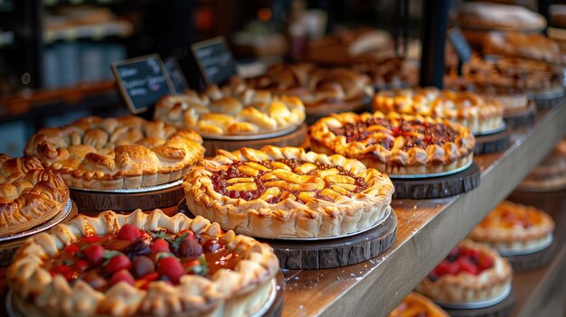 different fruit pies on a bakery counter