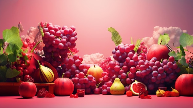 Different fruits composition on pink background