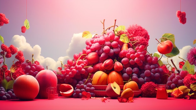ピンクの背景にさまざまな果物の組成