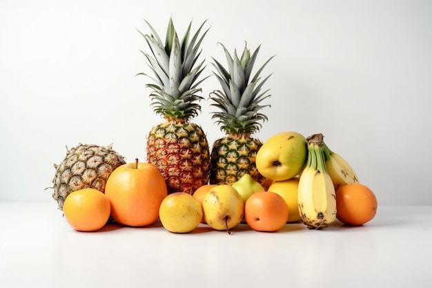 비타민이 풍부한 다양한 과일, 익은 온 파인애플, 오렌지, 바나나, 색 바닥에 분리되어 있습니다.