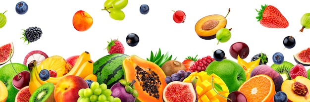 Different fruits on white background with copy space