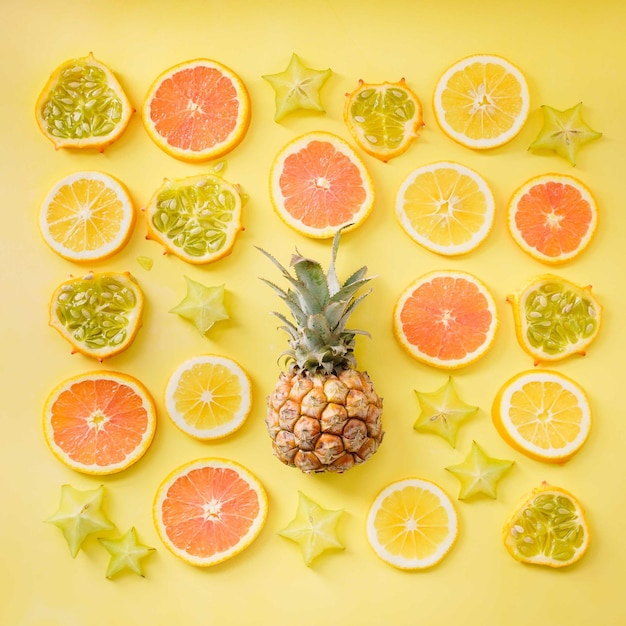 different fruits with yellow background