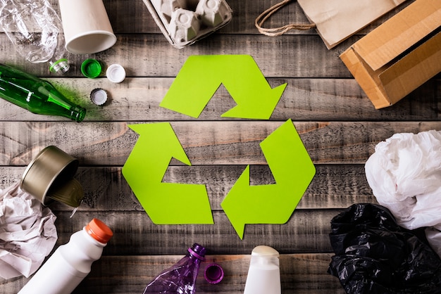 Different garbage materials with recycling symbol on table background 