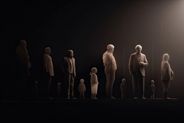 Different generations of family stand together against dark abstract background Generative AI