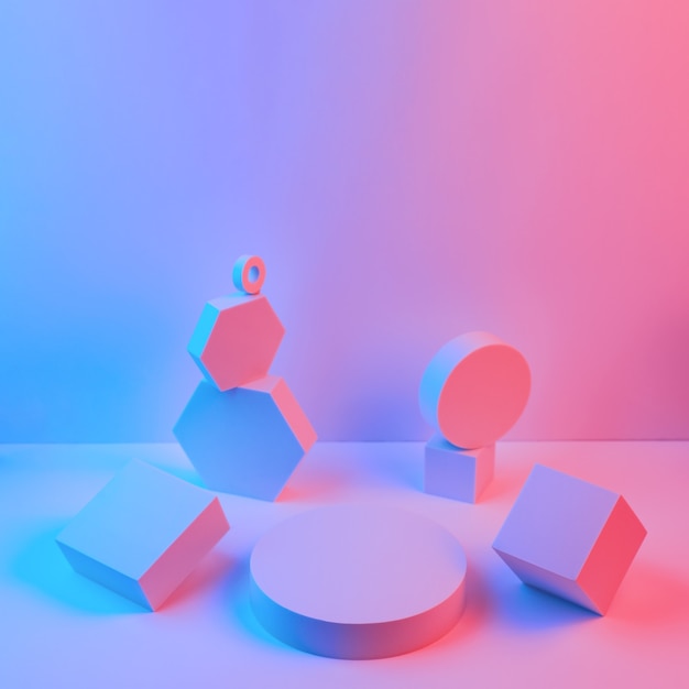 Photo different geometric shapes illuminated by neon