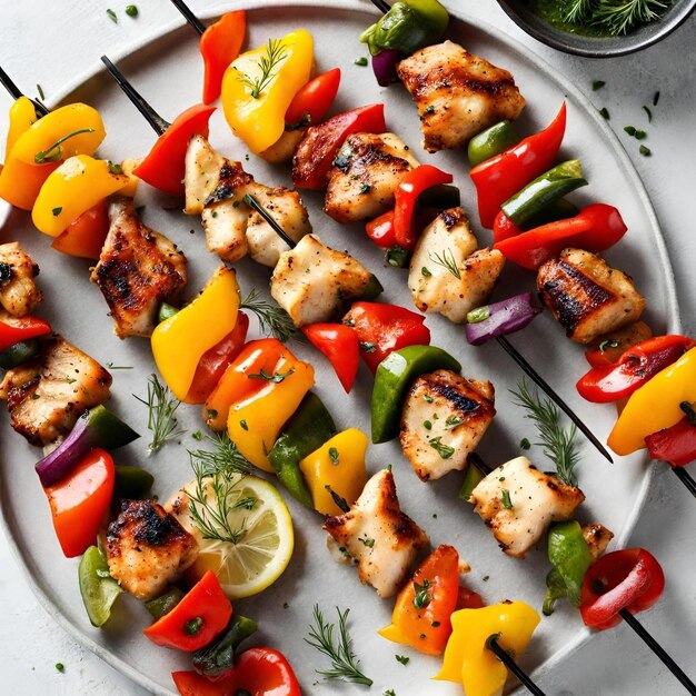 Different grilled kebabs with meat mushrooms sausages and vegetable on skewers