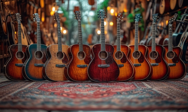 Different guitars in row